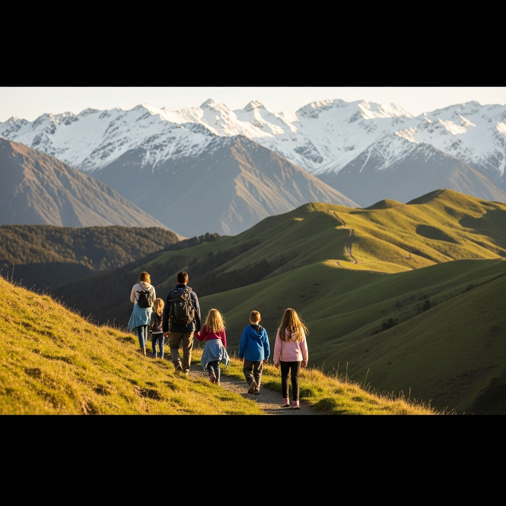 Family hiking through New Zealand mountains