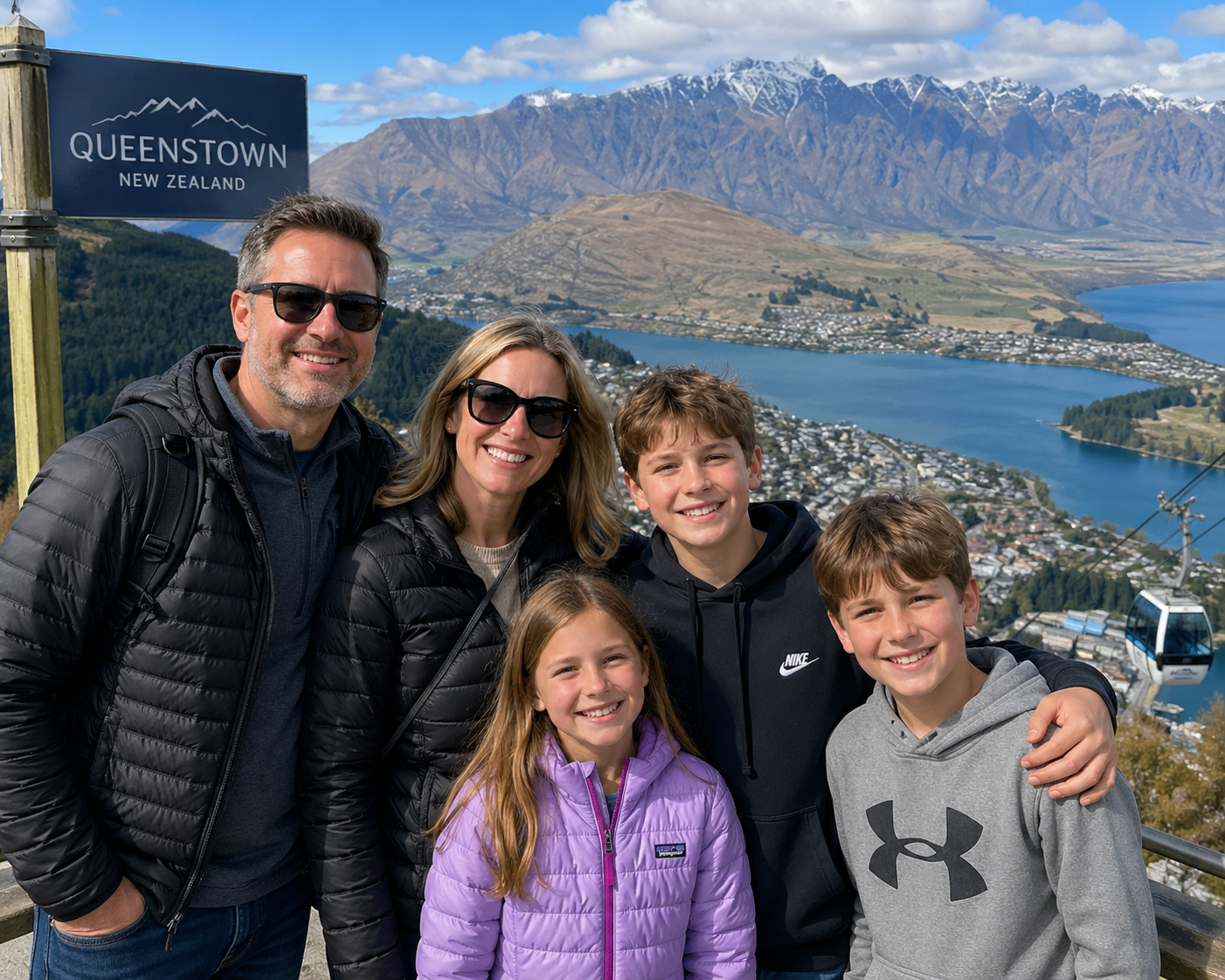 Our family at the top of the Skyline Gondola in Queenstown, the Remarkables behind us